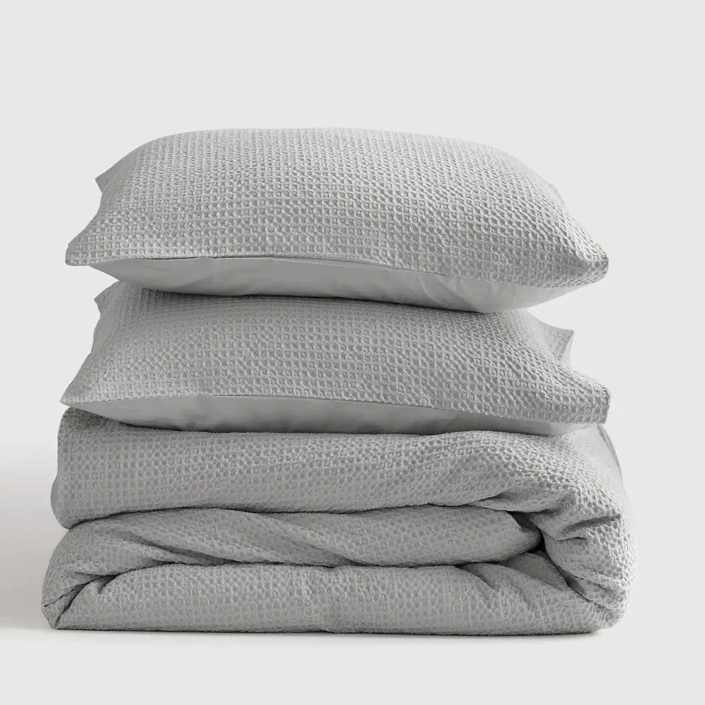 NEW Quince Organic Luxe Honeycomb Duvet Cover Light Grey Full Queen 3pc Set